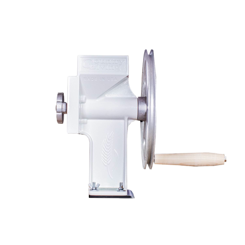 Handcrafted USA made grain mill with a sturdy aircraft aluminum flywheel, machined steel burrs, and wooden handle, ideal for farm, garden, kitchen, and emergency supplies.