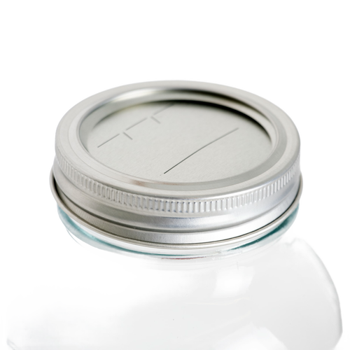 Silver metal regular-mouth canning lid and band with BPA-free sealing compound on clear glass jar, suitable for Kitchen & Food, Food Preservation, and Canning collections.