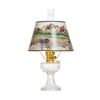 Aladdin Lincoln drape oil lamp featuring a clear USA-made glass font, brass burner, and a Rocky Mountain scenic parchment shade, perfect for Lamps & Lighting, Oil Lamps, Table Lamps, Best Sellers, and Promo Eligible collections.