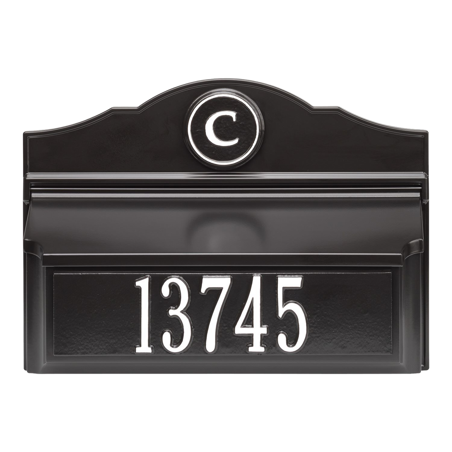 Black and white custom wall mount mailbox with a raised house number and monogram, handcrafted in the USA, featured in Home & Decor, Mailboxes and Address Signs, and Best Sellers collections.