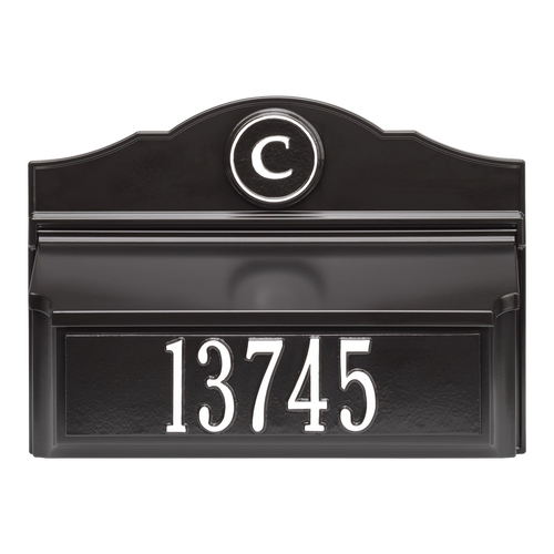 Black and white custom wall mount mailbox with a raised house number and monogram, handcrafted in the USA, featured in Home & Decor, Mailboxes and Address Signs, and Best Sellers collections.