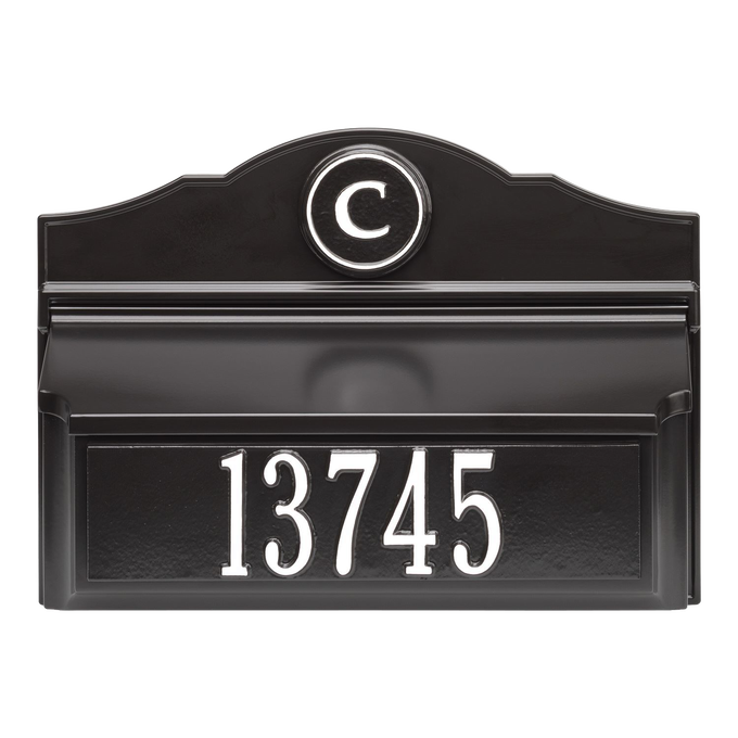 Black and white custom wall mount mailbox with a raised house number and monogram, handcrafted in the USA, featured in Home & Decor, Mailboxes and Address Signs, and Best Sellers collections.