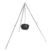 Adjustable metal cooking tripod with chain suspension holding a cast iron Dutch oven, designed for outdoor use, featured in Farm, Garden & Tool, Camping, Best Sellers, and Promo Eligible collections.