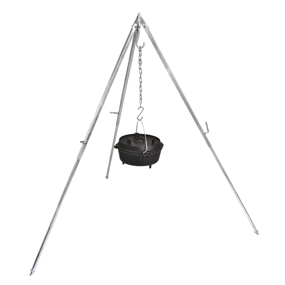 Adjustable metal cooking tripod with chain suspension holding a cast iron Dutch oven, designed for outdoor use, featured in Farm, Garden & Tool, Camping, Best Sellers, and Promo Eligible collections.