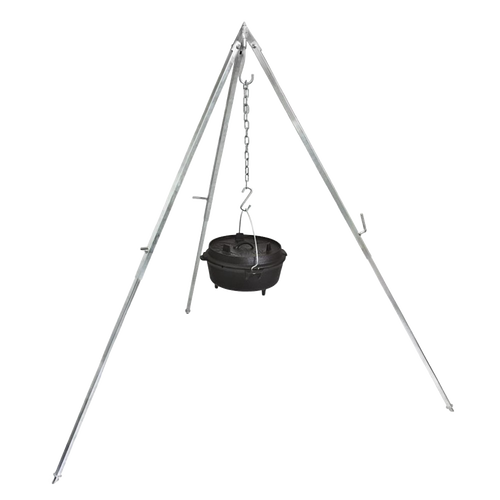 Adjustable metal cooking tripod with chain suspension holding a cast iron Dutch oven, designed for outdoor use, featured in Farm, Garden & Tool, Camping, Best Sellers, and Promo Eligible collections.