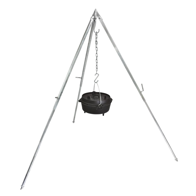 Adjustable metal cooking tripod with chain suspension holding a cast iron Dutch oven, designed for outdoor use, featured in Farm, Garden & Tool, Camping, Best Sellers, and Promo Eligible collections.