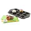 Non-stick mini donut pan with 12 cavities, shown with assorted freshly baked donuts on colorful napkins, ideal for Kitchen & Food, Cookware, and Baking Supplies collections.