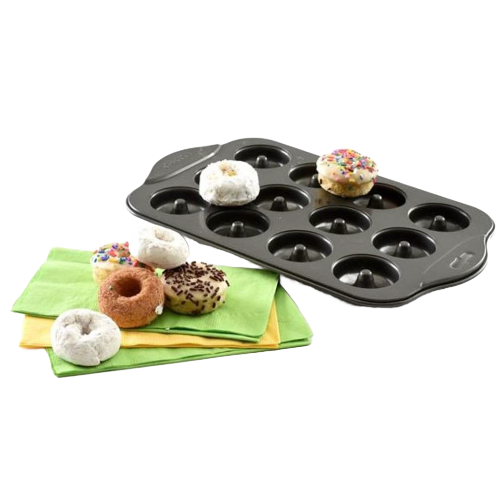 Non-stick mini donut pan with 12 cavities, shown with assorted freshly baked donuts on colorful napkins, ideal for Kitchen & Food, Cookware, and Baking Supplies collections.