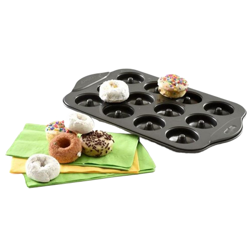Non-stick mini donut pan with 12 cavities, shown with assorted freshly baked donuts on colorful napkins, ideal for Kitchen & Food, Cookware, and Baking Supplies collections.