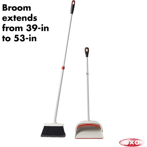 OXO Sweep Set featuring an extendable broom with flagged soft bristles and large dustpan, crafted for versatile household cleaning in Home & Decor, Cleaning Utensils, and Best Sellers collections.
