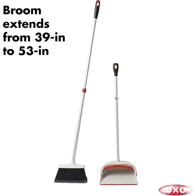 OXO Sweep Set featuring an extendable broom with flagged soft bristles and large dustpan, crafted for versatile household cleaning in Home & Decor, Cleaning Utensils, and Best Sellers collections.