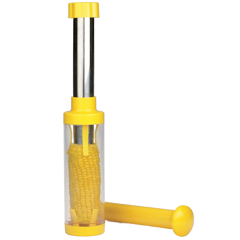 Corn stripper with stainless steel blade and durable plastic body in yellow, designed to remove kernels swiftly into a clear cylinder, ideal for Kitchen & Food, Food Preservation, and Freezing collections.