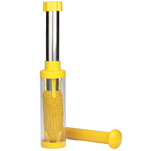 Corn stripper with stainless steel blade and durable plastic body in yellow, designed to remove kernels swiftly into a clear cylinder, ideal for Kitchen & Food, Food Preservation, and Freezing collections.