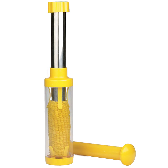 Corn stripper with stainless steel blade and durable plastic body in yellow, designed to remove kernels swiftly into a clear cylinder, ideal for Kitchen & Food, Food Preservation, and Freezing collections.