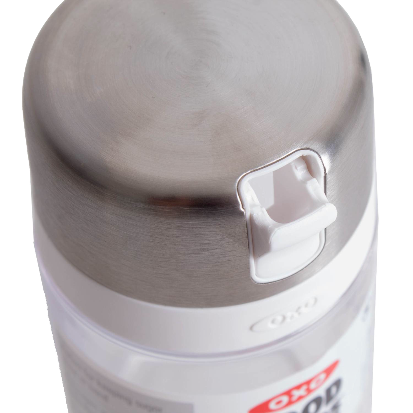Close-up of a stainless steel lid with a white plastic flip-top spout on a clear glass sugar dispenser designed to keep sugar dry and easy to pour, perfect for Kitchen & Food, Kitchen Gadgets, Storage and Serving, Best Sellers, and Promo Eligible collections.