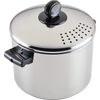 Polished stainless steel stockpot with an integrated colander lid featuring perforated holes for easy straining, designed for kitchen use and included in Cookware and Best Sellers collections.