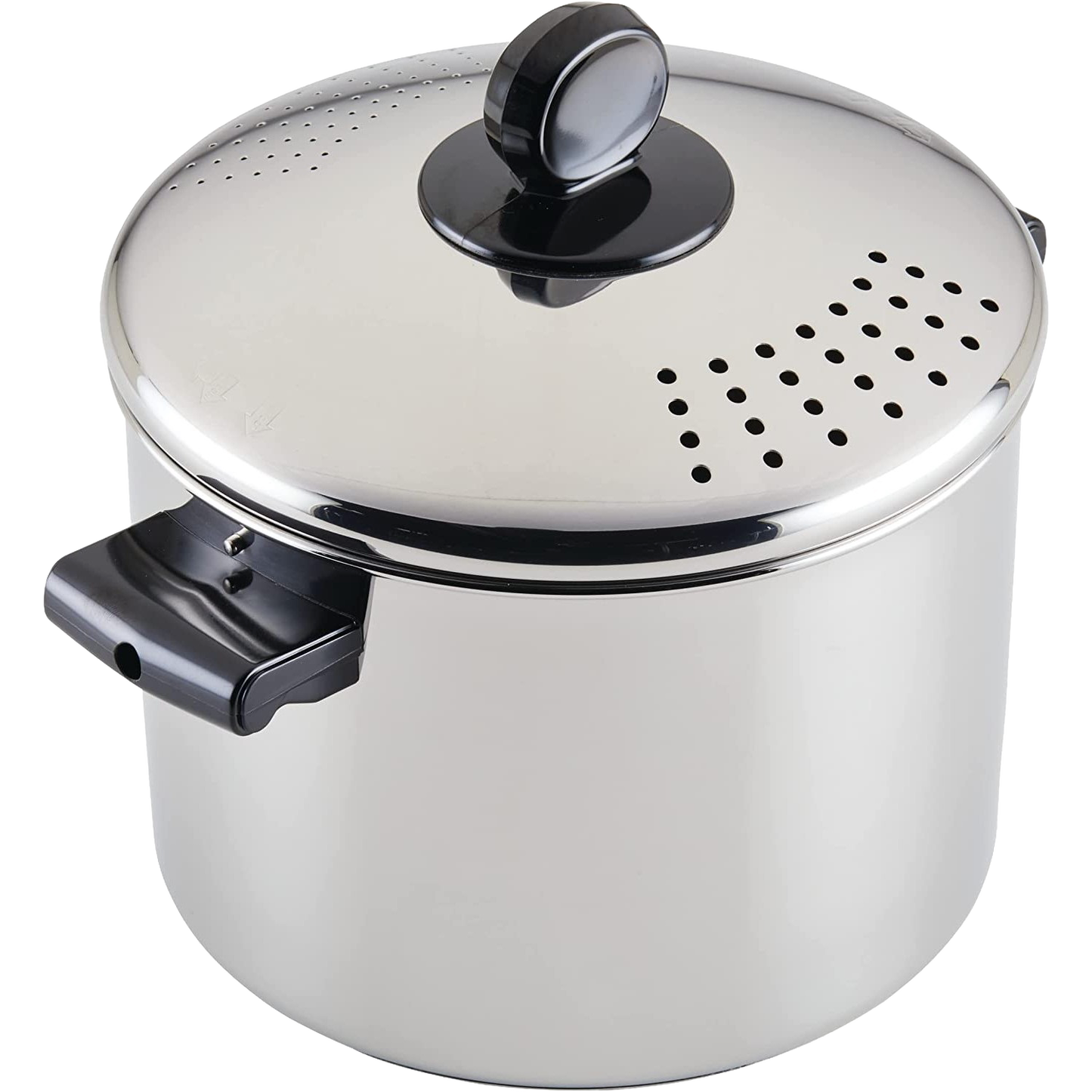Polished stainless steel stockpot with an integrated colander lid featuring perforated holes for easy straining, designed for kitchen use and included in Cookware and Best Sellers collections.
