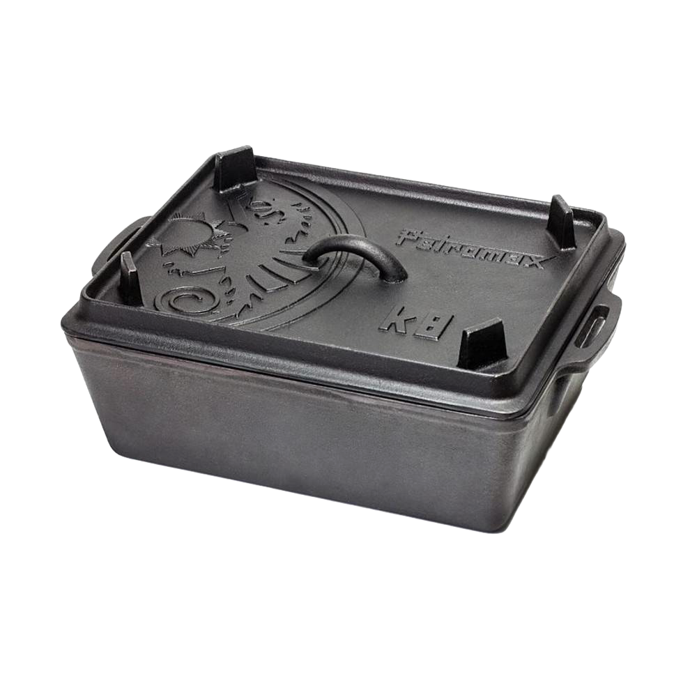 Durable cast iron loaf pan with fitted lid featuring embossed design, ideal for baking bread, casseroles, and outdoor cooking, perfect for kitchen, camping, and cookware collections.