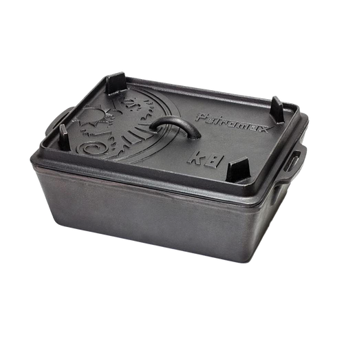 Durable cast iron loaf pan with fitted lid featuring embossed design, ideal for baking bread, casseroles, and outdoor cooking, perfect for kitchen, camping, and cookware collections.