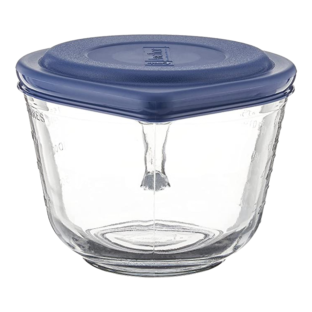 Clear heavy glass batter bowl with embossed measurement marks, sturdy handle, and blue lid, designed for Kitchen & Food, Cookware, Baking Supplies, Storage and Serving, USA Made collections.