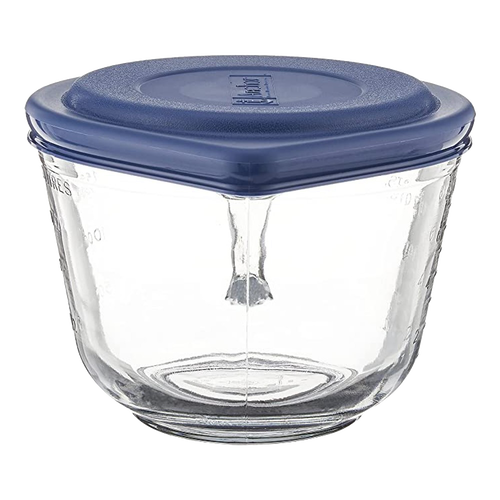 Clear heavy glass batter bowl with embossed measurement marks, sturdy handle, and blue lid, designed for Kitchen & Food, Cookware, Baking Supplies, Storage and Serving, USA Made collections.