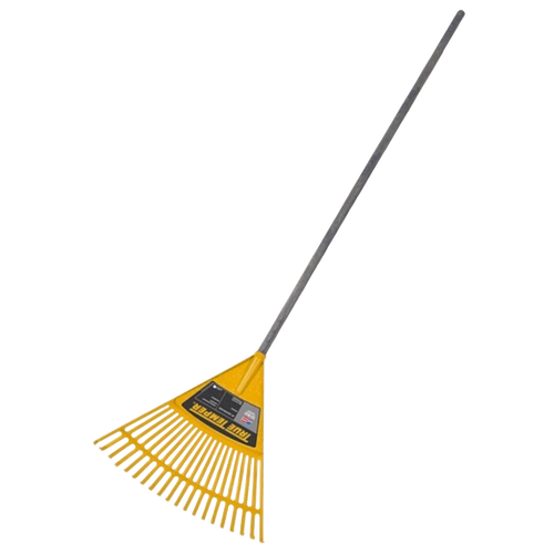 Child-sized durable yellow metal leaf rake with a sturdy handle designed for ages 6 and up, suitable for real outdoor gardening and featured in Toys, Children's Toys, Outdoor Play, Best Sellers, and Promo Eligible collections.