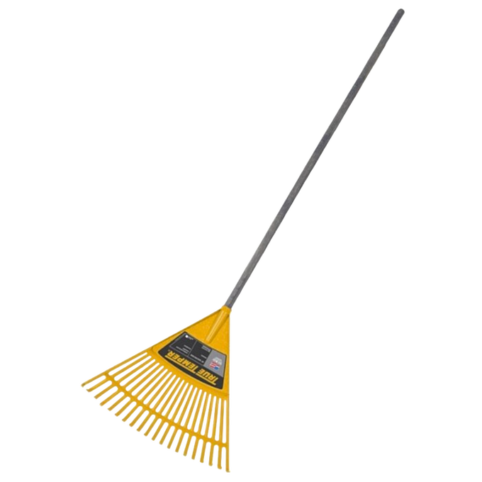 Child-sized durable yellow metal leaf rake with a sturdy handle designed for ages 6 and up, suitable for real outdoor gardening and featured in Toys, Children's Toys, Outdoor Play, Best Sellers, and Promo Eligible collections.