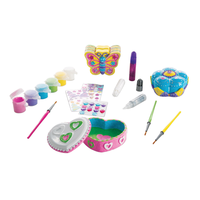Unique decorate-your-own craft kit featuring three resin items including two treasure boxes and a butterfly bank, with paints, brushes, stickers, and glitter glue for arts and crafts indoor play in children's toys and best sellers.