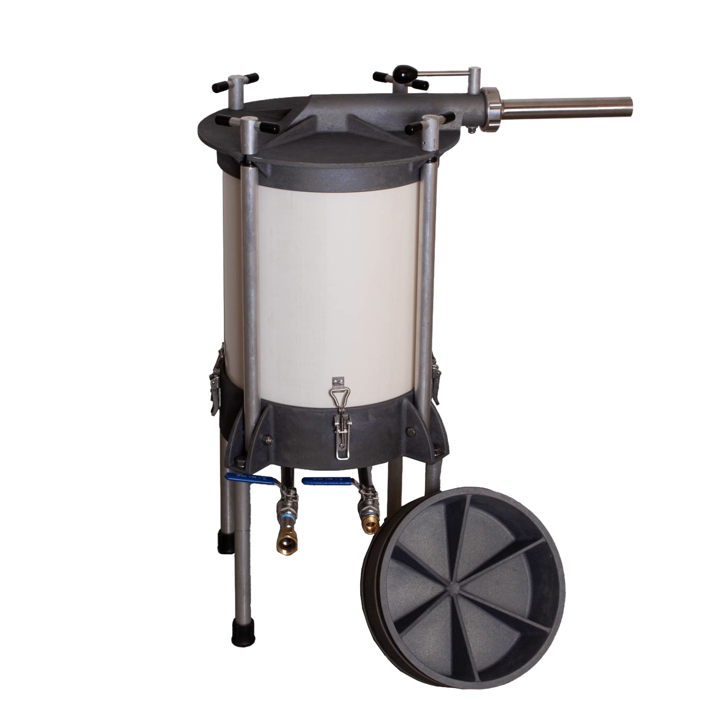 Freestanding high-capacity water-powered sausage stuffer with a durable cylindrical chamber, metal frame, and removable lid, handcrafted and Amish made, ideal for Kitchen & Food and Butchering Supplies.