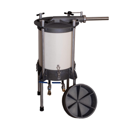 Freestanding high-capacity water-powered sausage stuffer with a durable cylindrical chamber, metal frame, and removable lid, handcrafted and Amish made, ideal for Kitchen & Food and Butchering Supplies.