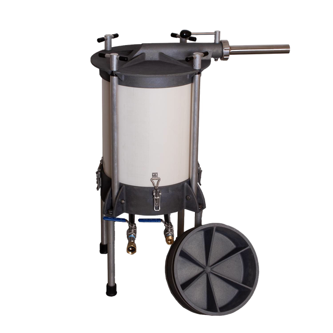 Freestanding high-capacity water-powered sausage stuffer with a durable cylindrical chamber, metal frame, and removable lid, handcrafted and Amish made, ideal for Kitchen & Food and Butchering Supplies.