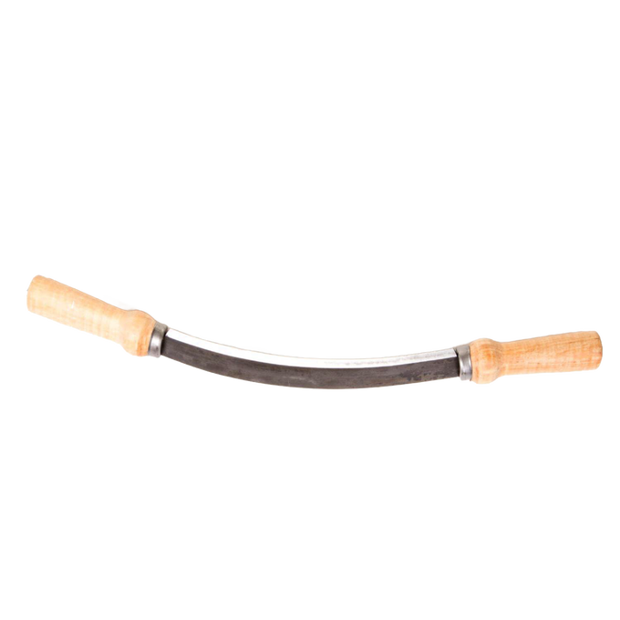 Handcrafted large curved draw knife with smooth wooden handles on both ends, designed for wood shaping and debarking, featured in Farm, Garden & Tool and Carving Knives collections.