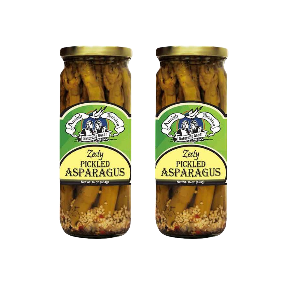 Two glass jars of handcrafted pickled asparagus spears with zesty seasoning, made in the USA, ideal for Kitchen & Food, Pantry, and Best Sellers collections.