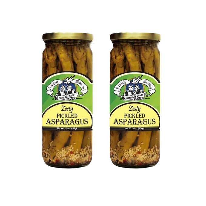 Two glass jars of handcrafted pickled asparagus spears with zesty seasoning, made in the USA, ideal for Kitchen & Food, Pantry, and Best Sellers collections.