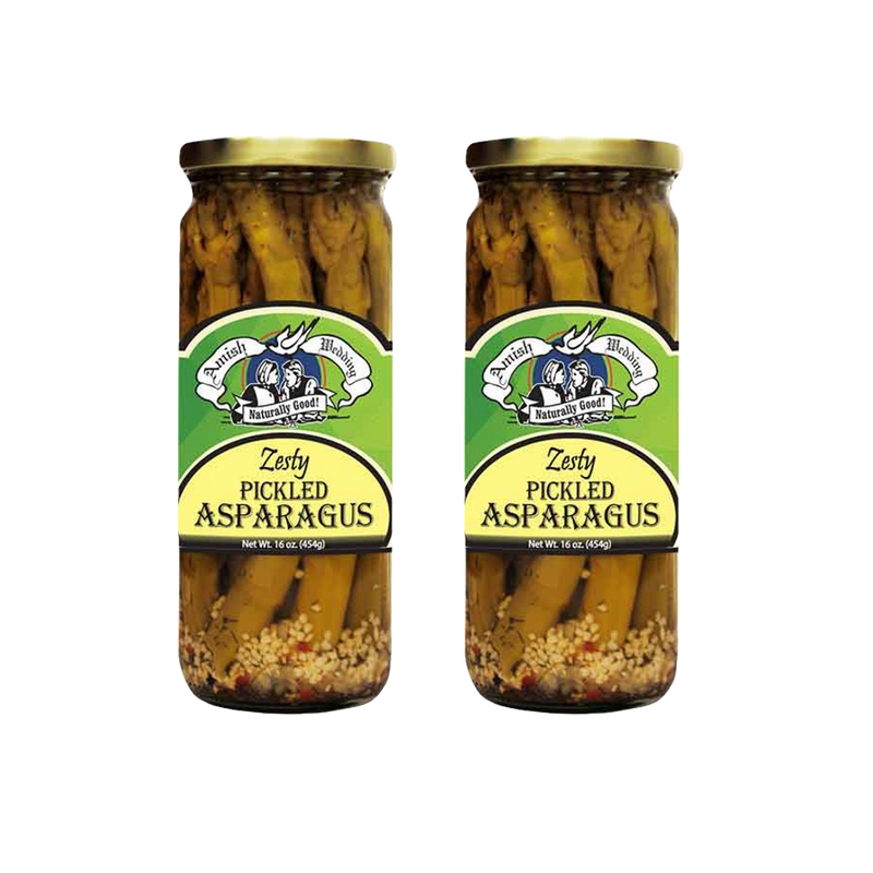 Two glass jars of handcrafted pickled asparagus spears with zesty seasoning, made in the USA, ideal for Kitchen & Food, Pantry, and Best Sellers collections.
