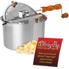 Stainless steel 6-quart popcorn popper with wooden handle and hand crank, featuring metal gears, displayed with popped popcorn and a red informational card, ideal for Kitchen & Food, Cookware, Pots and Pans, and Popcorn collections.