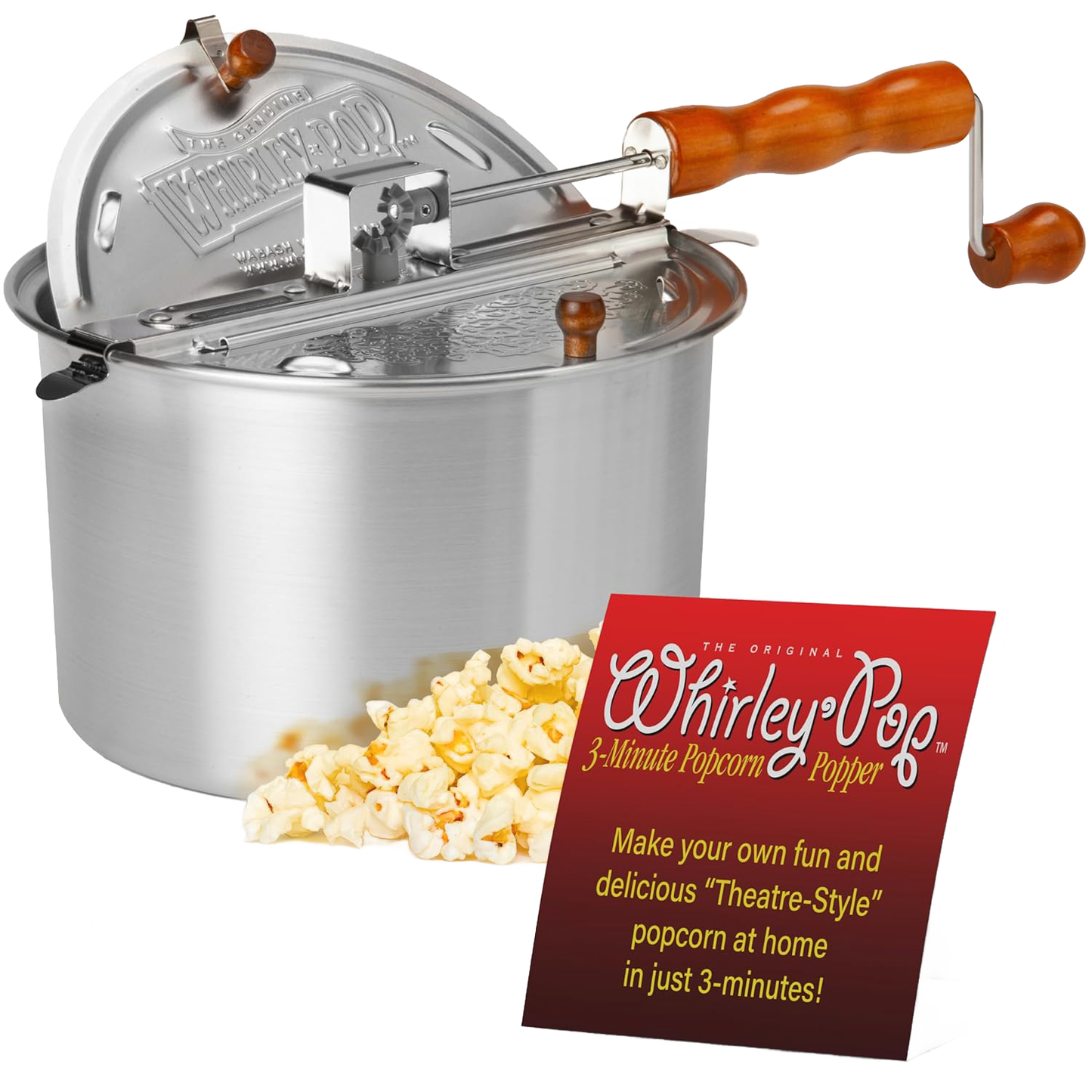 Stainless steel 6-quart popcorn popper with wooden handle and hand crank, featuring metal gears, displayed with popped popcorn and a red informational card, ideal for Kitchen & Food, Cookware, Pots and Pans, and Popcorn collections.