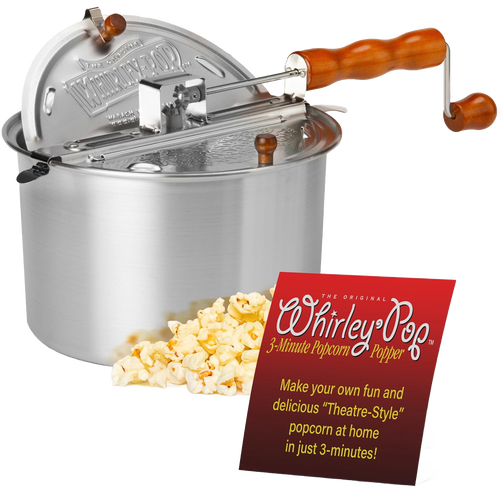 Stainless steel 6-quart popcorn popper with wooden handle and hand crank, featuring metal gears, displayed with popped popcorn and a red informational card, ideal for Kitchen & Food, Cookware, Pots and Pans, and Popcorn collections.
