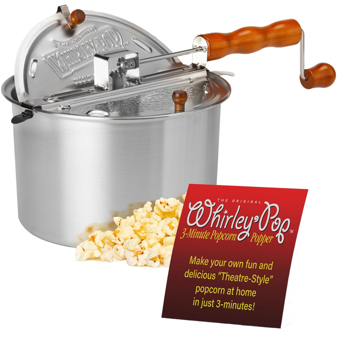 Stainless steel 6-quart popcorn popper with wooden handle and hand crank, featuring metal gears, displayed with popped popcorn and a red informational card, ideal for Kitchen & Food, Cookware, Pots and Pans, and Popcorn collections.