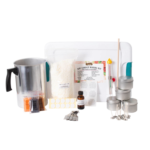 Complete candle making set featuring a metal melting pot, soy wax flakes, scented oil, wick stickers, dye chips, wick sustainers, thermometer, stirring stick, and metal tins, ideal for lamps & lighting, candlemaking supplies, and best sellers collections, handcrafted for beginners.