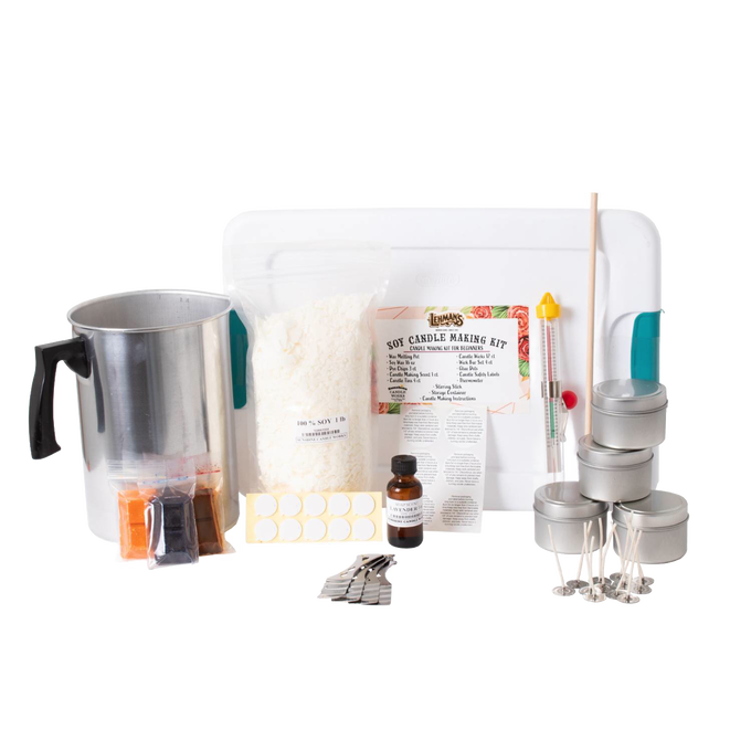 Complete candle making set featuring a metal melting pot, soy wax flakes, scented oil, wick stickers, dye chips, wick sustainers, thermometer, stirring stick, and metal tins, ideal for lamps & lighting, candlemaking supplies, and best sellers collections, handcrafted for beginners.