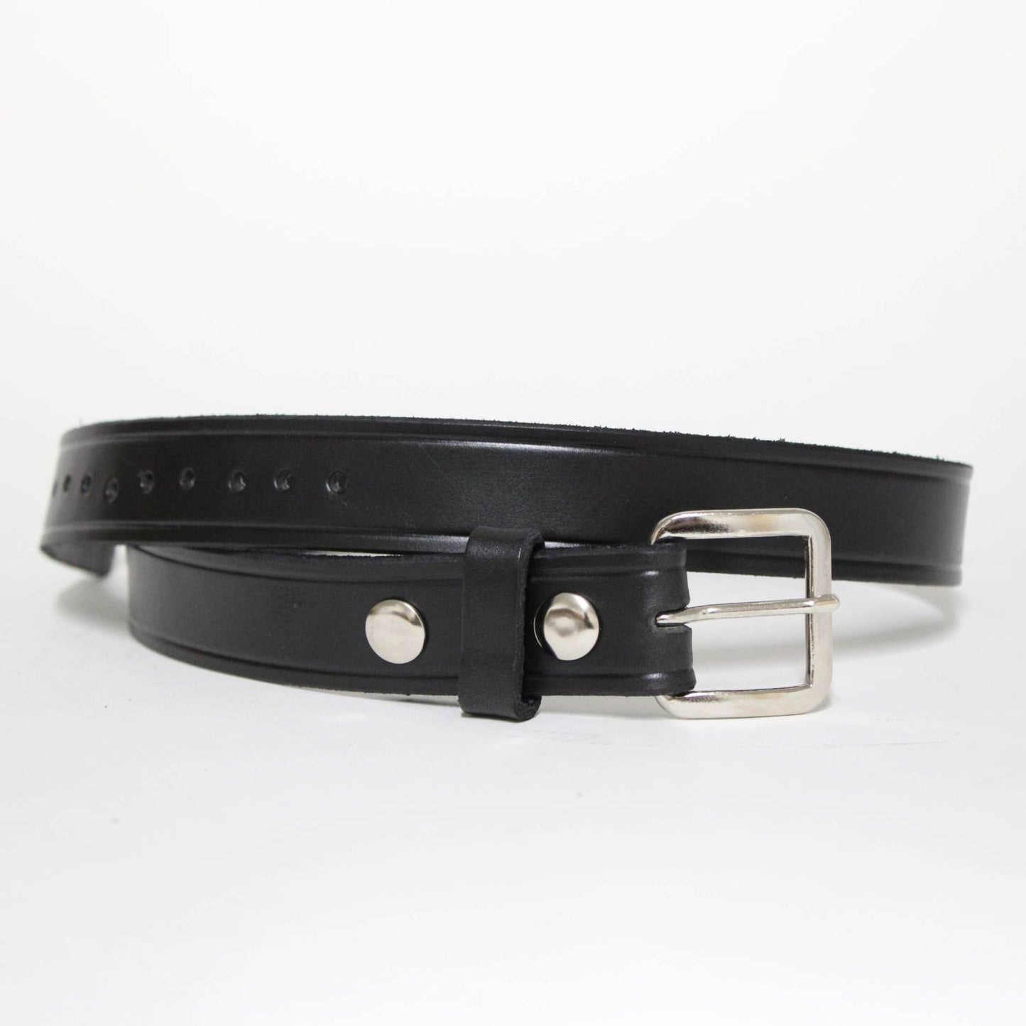 Black handcrafted Amish leather belt with chrome buckle and snap details, 1-1/4 inches wide, part of USA Made, Amish Made, Clothing and Accessories, and Best Sellers collections.