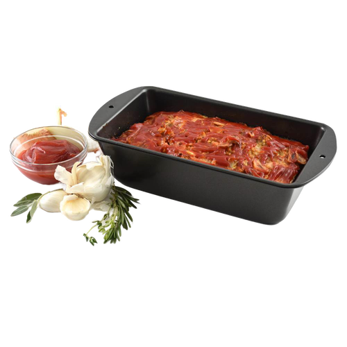 Black non-stick loaf pan with pierced inner tray for fat drainage, shown with a cooked meatloaf topped with tomato sauce, alongside fresh garlic, rosemary, and a bowl of sauce, ideal for Kitchen & Food, Cookware, Baking Supplies, Best Sellers, and Bread Making Supplies collections.