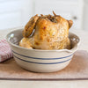 Handcrafted Heritage Blue Stripe stoneware chicken cooker with central reservoir, made in USA, ideal for Kitchen & Food, Cookware, Baking Supplies, and Holiday Hosting collections.