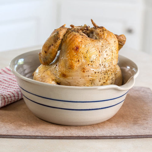 Handcrafted Heritage Blue Stripe stoneware chicken cooker with central reservoir, made in USA, ideal for Kitchen & Food, Cookware, Baking Supplies, and Holiday Hosting collections.