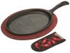 Oval cast iron griddle set with a red stained wooden underliner and chili pepper patterned hot handle holder, ideal for Farm, Garden & Tool, Kitchen & Food, Camping, and Cookware collections.