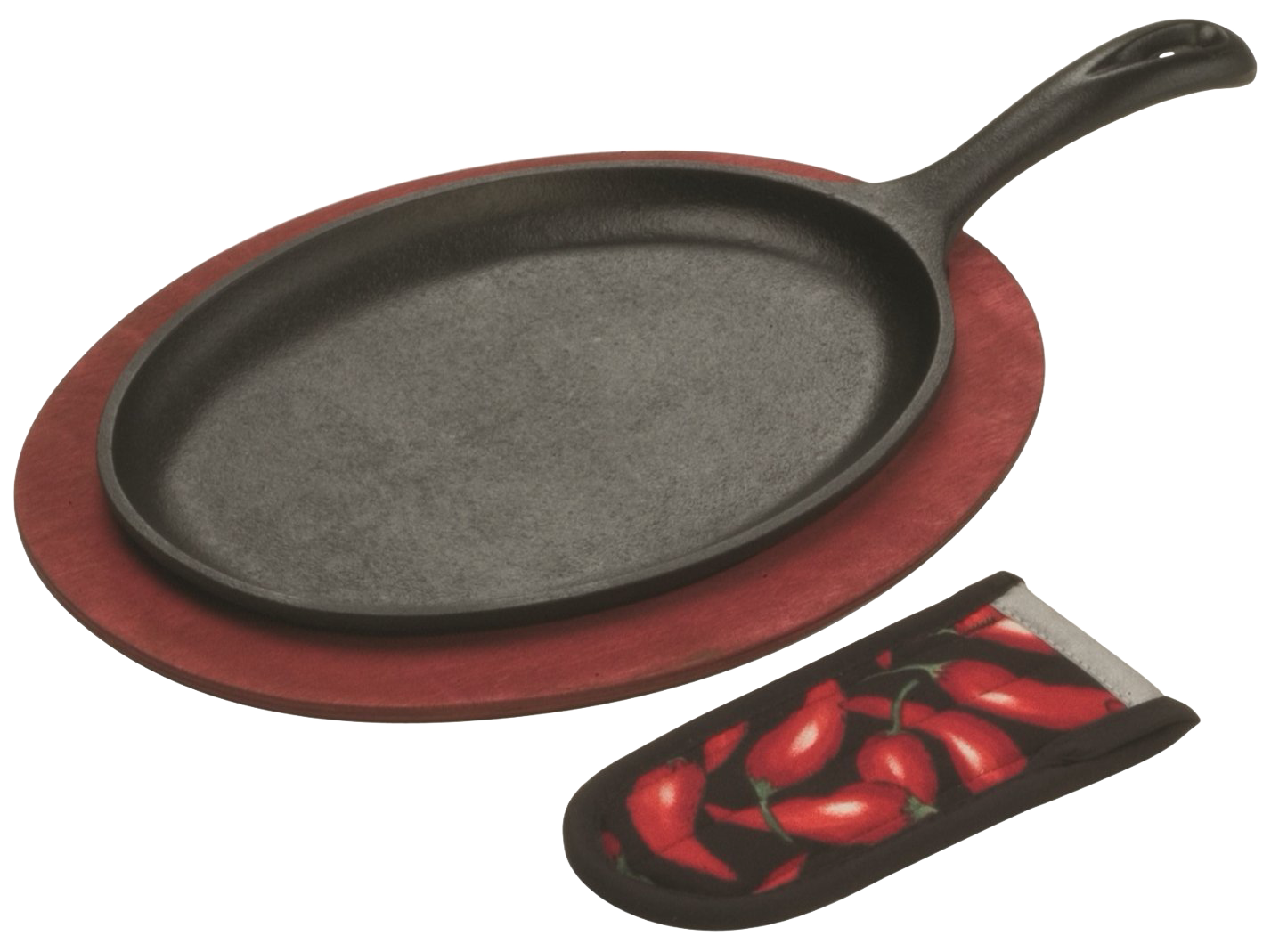 Oval cast iron griddle set with a red stained wooden underliner and chili pepper patterned hot handle holder, ideal for Farm, Garden & Tool, Kitchen & Food, Camping, and Cookware collections.