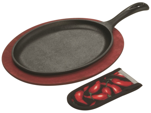 Oval cast iron griddle set with a red stained wooden underliner and chili pepper patterned hot handle holder, ideal for Farm, Garden & Tool, Kitchen & Food, Camping, and Cookware collections.