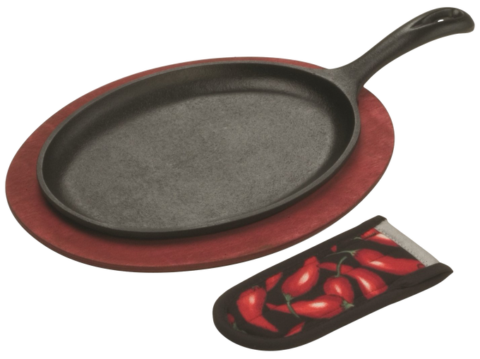 Oval cast iron griddle set with a red stained wooden underliner and chili pepper patterned hot handle holder, ideal for Farm, Garden & Tool, Kitchen & Food, Camping, and Cookware collections.