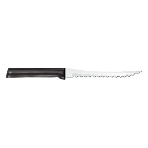 Handcrafted Rada tomato slicer featuring a hand-sharpened high carbon surgical stainless steel serrated blade and smooth black handle, made in USA for kitchen knives and food prep collections.
